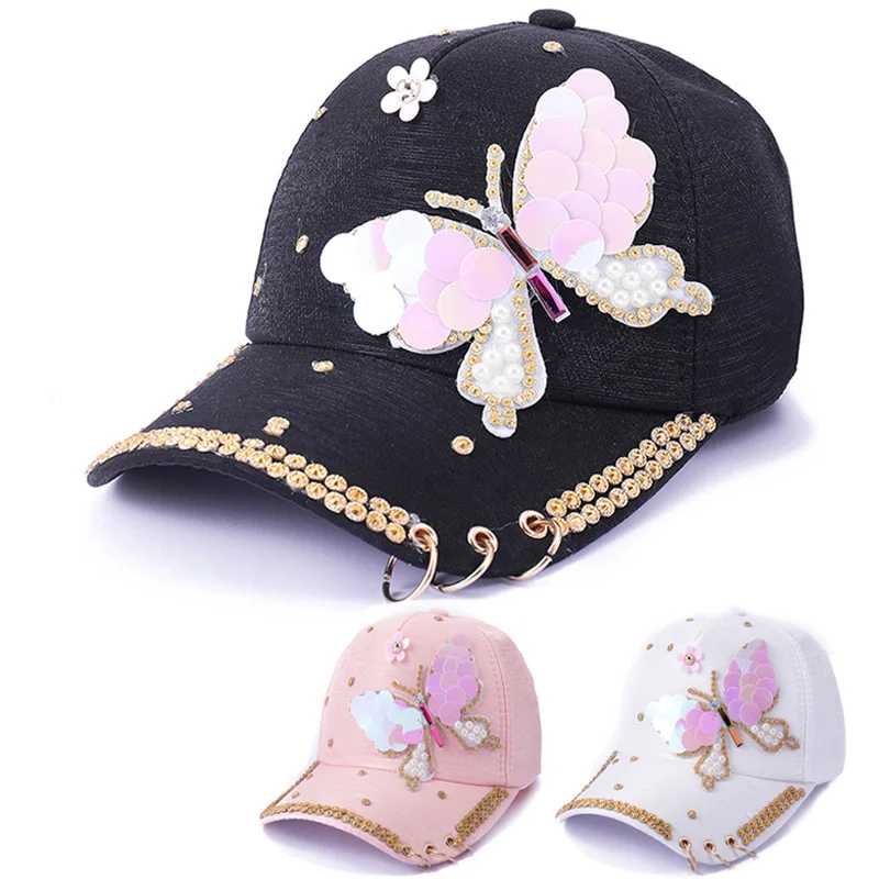 Women Baseball Cap Women Full Crystal Colorful Big Butterfly Hat Cotton