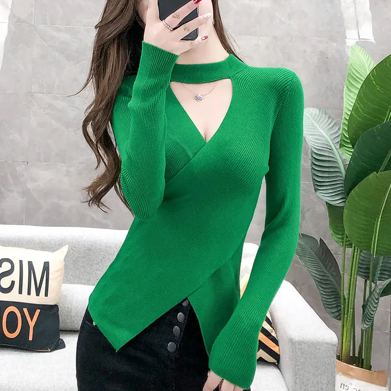 

Spring and Autumn Women's Green Sweater,V-neck Red Sweater,Tight-fitting Thin Woolen Fall Clothes for Women Fashion Sexy