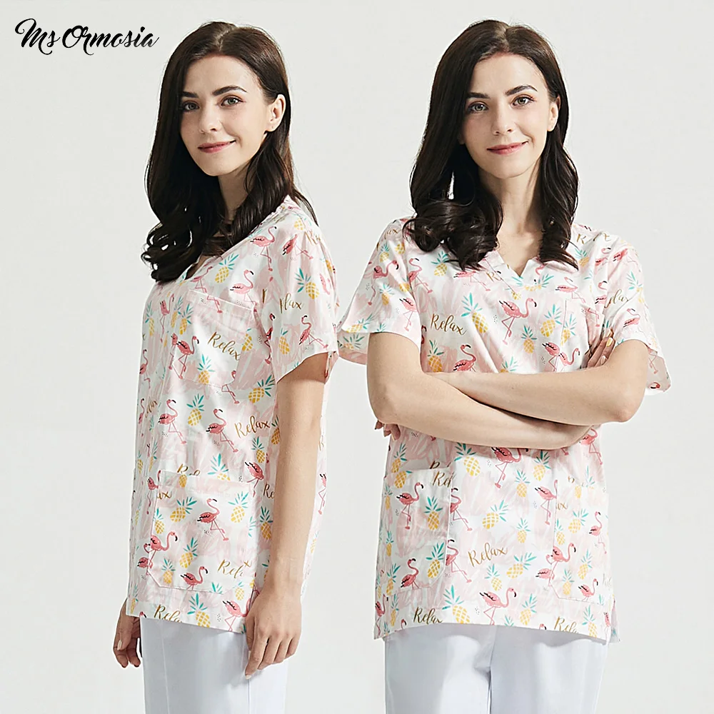 

Laboratory dustproof work clothes V-neck women beauty and health pet grooming work uniforms Pink Flamingo printing spa uniform