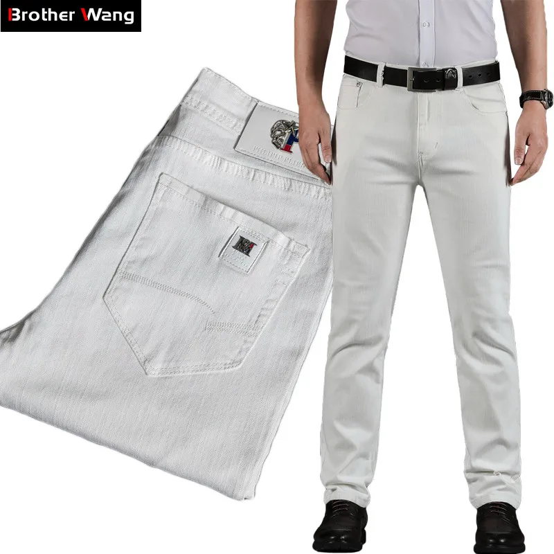 White Jeans Denim Trousers Elastic Brand Pants Casual Slim Male Mens Fashion New Summer