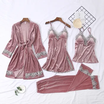 

New Women 4PCS Robe Gown Set Sexy Elegant Backless Strap Top & Pant Home Dressing Casual Lace Flower Trim Velour Nightwear