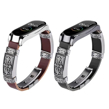 

DIY Original Vintage Genuine Leather For Mi Band 4 Watch Bracelet, for Xiaomi Mi Band 3 Retro engraving metal strap Bracelets