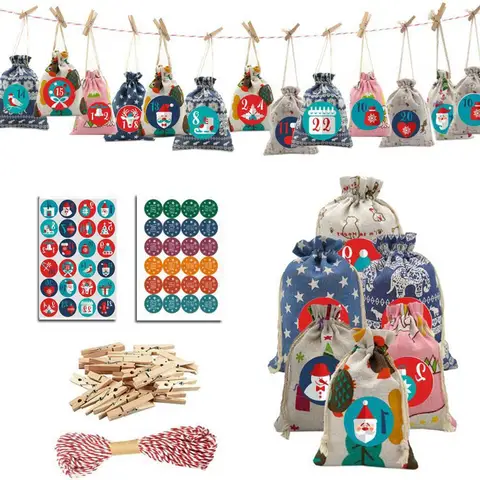 DIY Christmas Advent Calendar Bags Drawstring Candy Gift Bag Countdown Hanging Advent Calendar Bag Xmas Tree Decoration