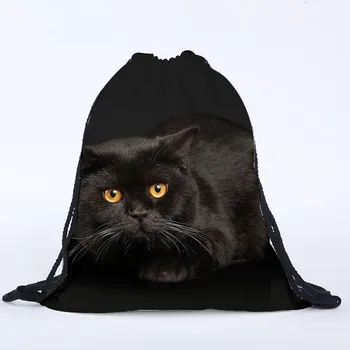 

3D drawstring bag Unisex Men Women Fashion Casual Vintage Cat Printed Black Funny Drawstring Backpack pouch bag mochila saco