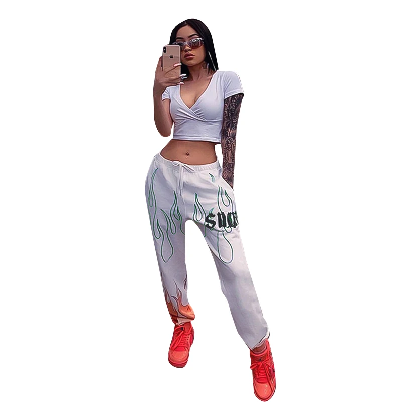 

2019 Women's New White Pants Trend Flame Printing Casual Beam Pants Women's High Waist Harem Pants Sweatpants Women Cargo Pants