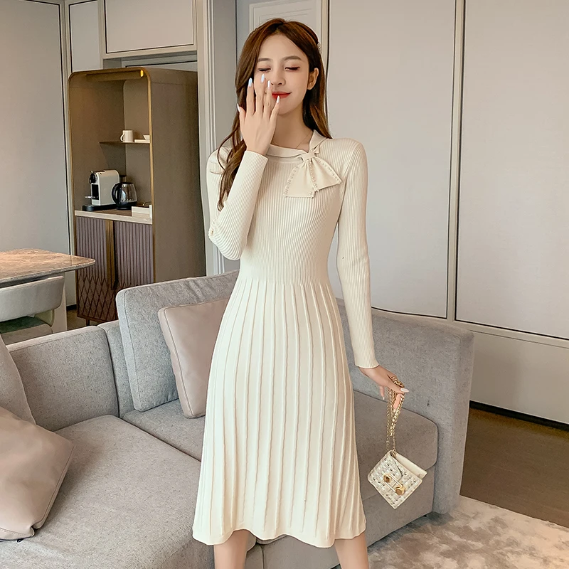 

Korean Fashion Knitting Woman Dress Solid Office Lady Sweater Dress Winter Long Sleeve Black Midi Dresses for Women
