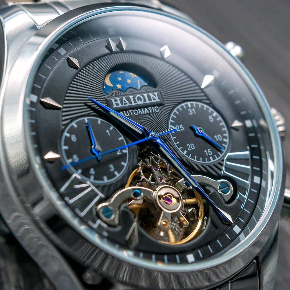 

HAIQIN 2020 luminous watch male mechanical watch automatic tourbillon waterproof mens watch calendar Date Relogio Masculino new