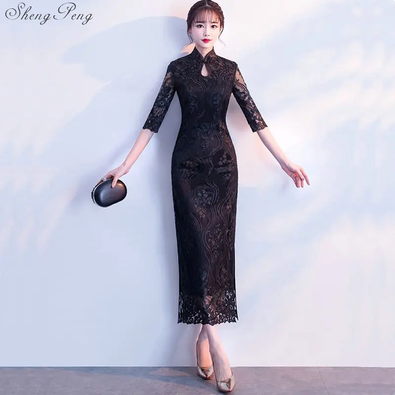 Модное черное элегантное платье Cheongsam, женское кружевное платье Qipao, китайское традиционное свадебное платье Qi Pao, восточные воротники V1822