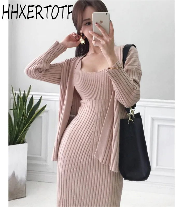 

High quality 2019 autumn winter Women's Casual Long Sleeved Cardigan + Suspenders Sweater Vest Dress Two Piece Runway Dress Su