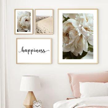 

White Roses Posters Prints Desert Happiness Quote Poster Nordic Wall Art Flowers Canvas Painting Wall Pictures For Living Room