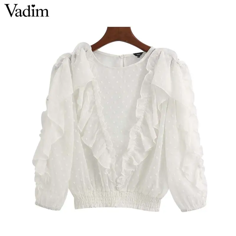 

Vadim women elegant white short style blouse three quarter sleeve female casual shirt see through ruffles tops blusas LB744