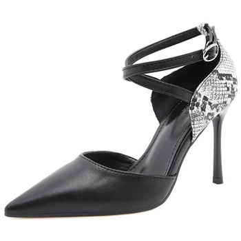

BONJOMARISA Female Pointe Toe High Heels Party Pumps Snake Print Buckle Pumps Women Dress Fashion Cover Heel Shoes Woman
