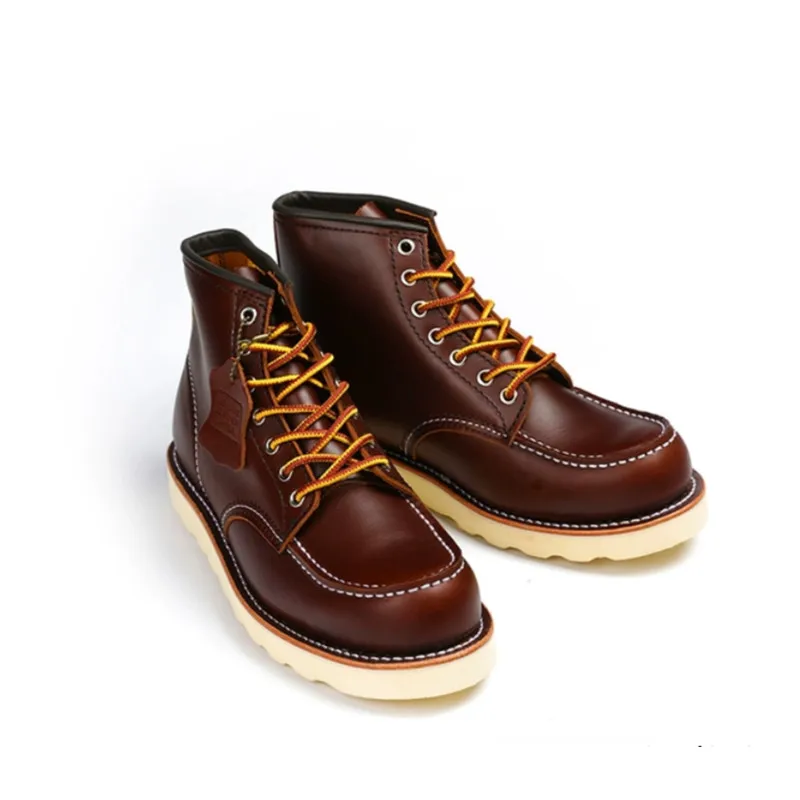 Yomior New Designer Vintage Men Shoes Wings Genuine Leather Ankle Boots Mens Dress Boots Goodyear Welted Red Motorcycle Boots