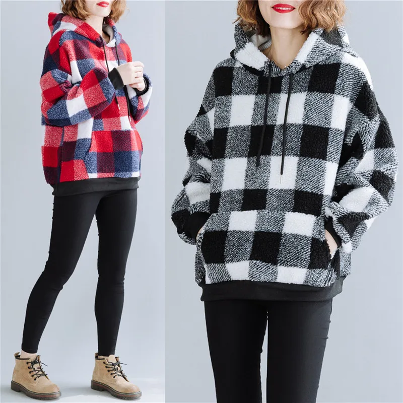 HAYBLST Брендовые женские шерстяные худи Новинка Осень Зима Kawaii клетчатые свободные топы размера плюс большие размеры корейский стиль Одежда плотная