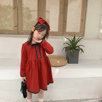 

Girls Dress 2020 New Autumn & Winter Kids Red Dress Wool Patchwork Baby Princess Bow Dress Children Party Christmas Clothes