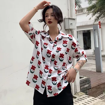 

Vintage Floral Printed Women's Blouse Casual Short Sleeve Loose Shirt Summer Beach Blouse Top