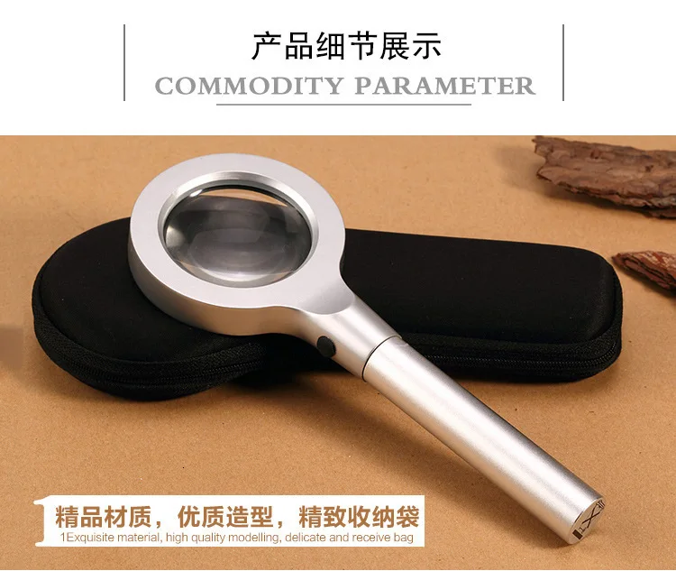 FGHGF Metal Portable 5X Handle Magnifier Illuminated Reading Magnifying Glass Loupe With 8 LED Lights