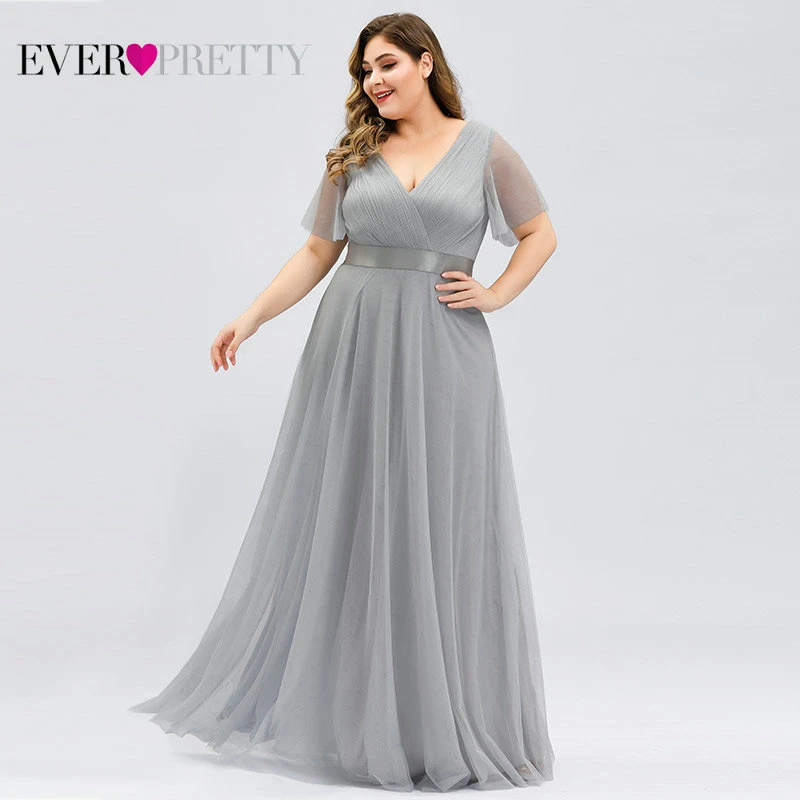 Вечерние платья размера плюс, элегантные шифоновые длинные вечерние платья с v-образным вырезом и коротким рукавом - Цвет: EP07962GY-Tulle