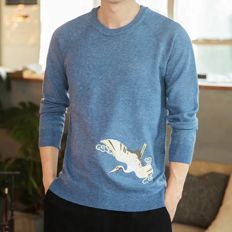 2019 Style Chinese Crane Print  Fashion Men Sweater Streetwear Casual Clothes Knitted Pullovers For Autumn Winter