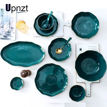 

Green Ceramic Gold Inlay Plate Steak Food Plate Nordic Style Tableware Bowl Ins Dinner Dish High End Porcelain Dinnerware Set