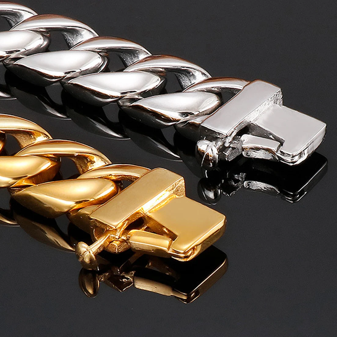 15mm Silver Color/Gold Tone Stainless Steel Bangle Curb Cuban Link Chain Wrist Bracelet for Men Women Free Shipping Jewelry Gift