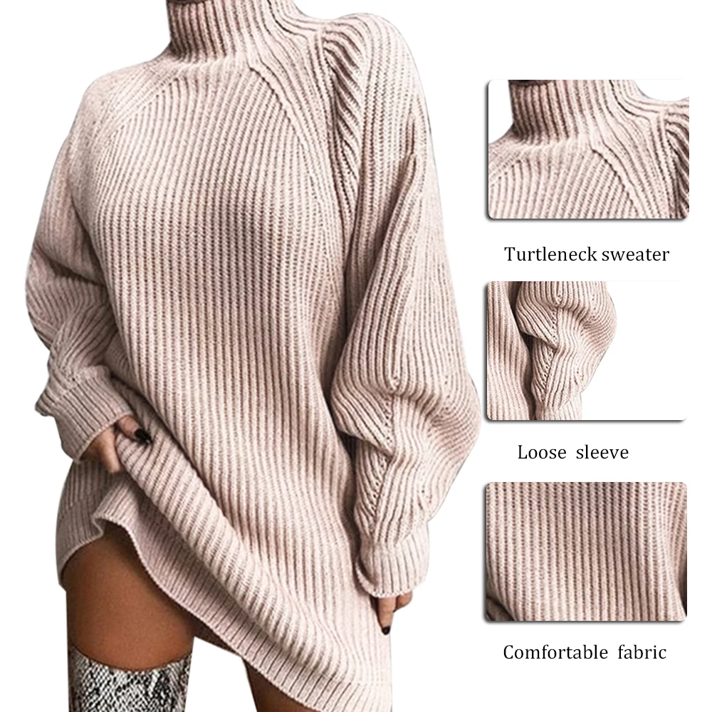 Женское трикотажное платье-свитер с высоким воротом, Осень-зима, повседневный свободный сексуальный тонкий свитер, платье большого размера, длинный свитер, платья