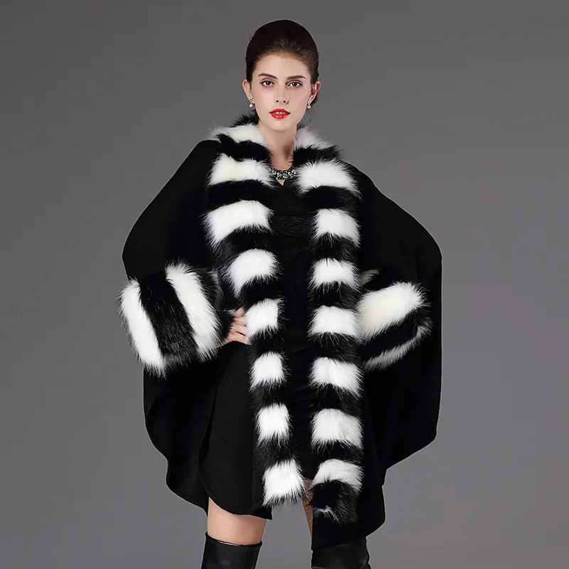 

High Quality Women's Knitted Cloak Faux Fox Fur Patchwork Collar Plus Size Loose Oversized Vintage Outerwear Capes Ponchos Coats