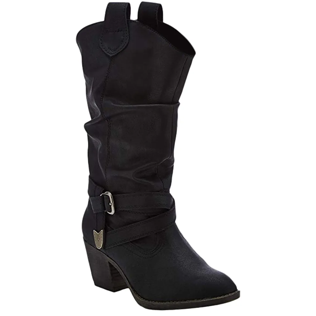 gothic shoes boots women boots female Womens Leather Cross Strap Knee-High Buckle Shoe Cowboy Low-heeled Slip-On Boots#g4