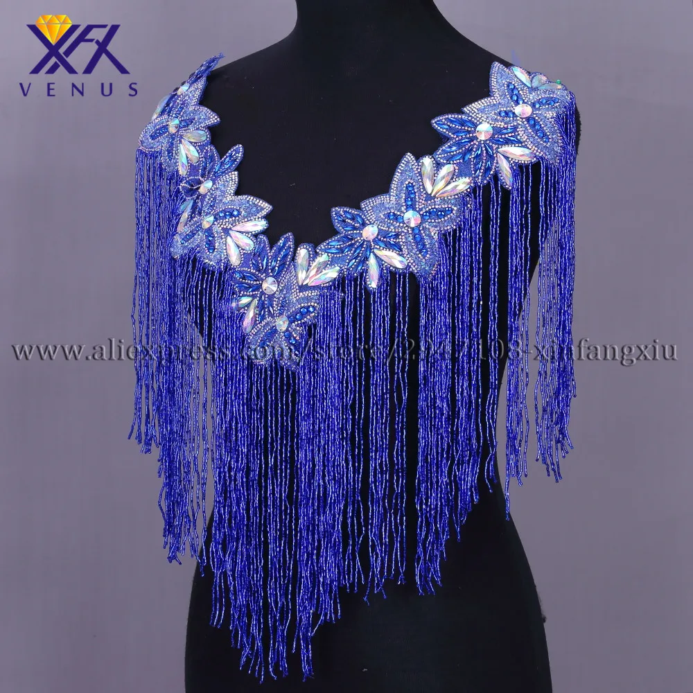 

XFX VENUS New wholesale blue color wedding embroidered rhinestone tassels style V-neck patches for clothing beaded applique 1pc