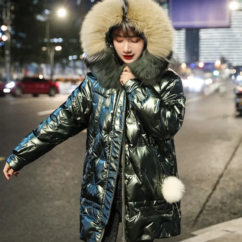 

Winter Jacket Parka For Women Glossy Down Coats Fashion Big Fur Collar Hooded Jacket Female Long Warm Outwear Casual Loose Tops