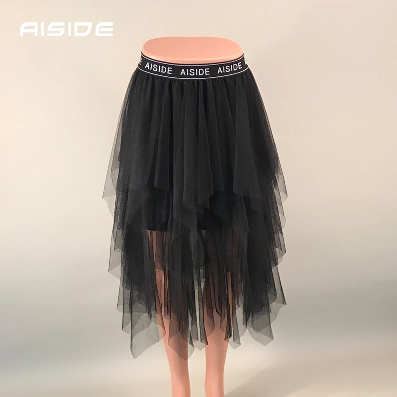 

Women's Skirts Tulle Fashion Elastic High Waist Letter Jacquard Mesh Tutu Maxi Pleated Long Midi Saias Faldas Jupe Femme Skirt