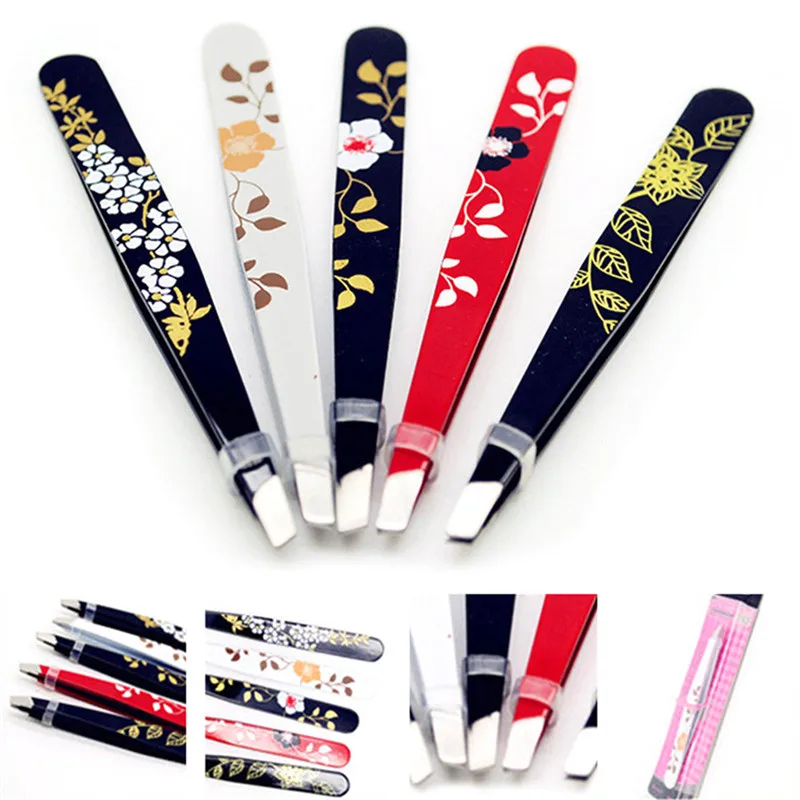 

1pc Eyebrow Tweezer Flower Printed Stainless Steel Eyebrow Tweezer Slant Tip Hair Removal Makeup Tool