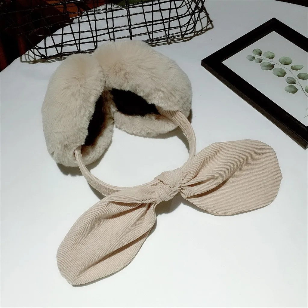 Beige Женские забавные зимние наушники, повязка на голову из искусственного меха с бантом, теплые плюшевые вечерние наушники, звукозащитные наушники, теплые женские наушники - Цвет: Beige