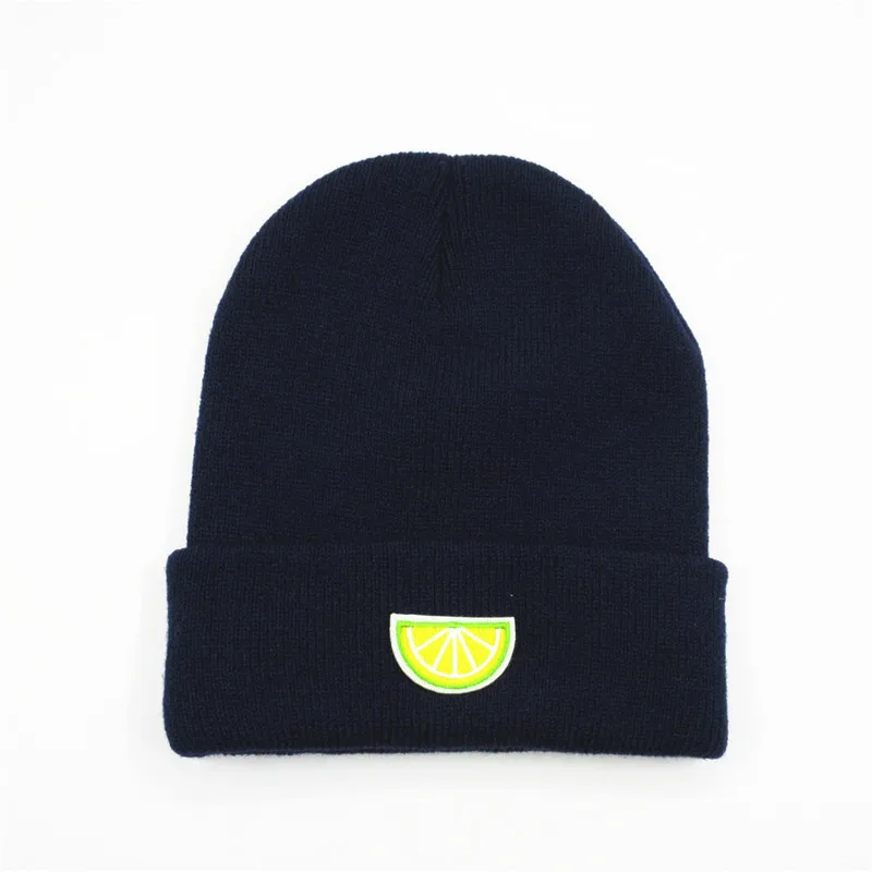 Тёмно-синий LDSLYJR Lemon fruit embroidery Thicken knitted hat winter warm hat Skullies cap beanie hat for men and women 236 - Цвет: Тёмно-синий