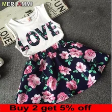 MERI AMMI комплект из 2 предметов, детская одежда для девочек, комплект одежды, футболка без рукавов с надписью «Love»+ юбка с цветочным рисунком для От 2 до 11 лет и девочек J521