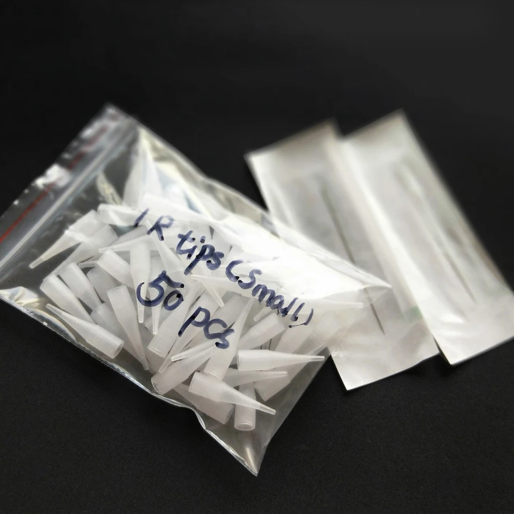 Puntas de jeringa de tamaño pequeño 1R para maquillaje permanente, tapas de aguja, Sol gigante/máquina francesa, boquillas largas para pezones, 50 Uds.