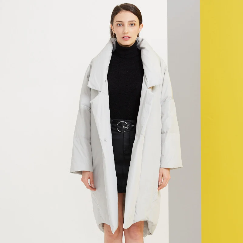 kjmyyx New Winter Jacket Women Elegant Turn Down Collar Office Lady Goose Down Jacket Long Style Warm Loose Female Overcoat - Цвет: YR0022Gray