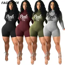 

FAGADOER Jumpsuit Women Pink Letter Print Long Sleeve Turtleneck Skinny Playsuit Casual Sport Short Bodysuit One Piece Romper