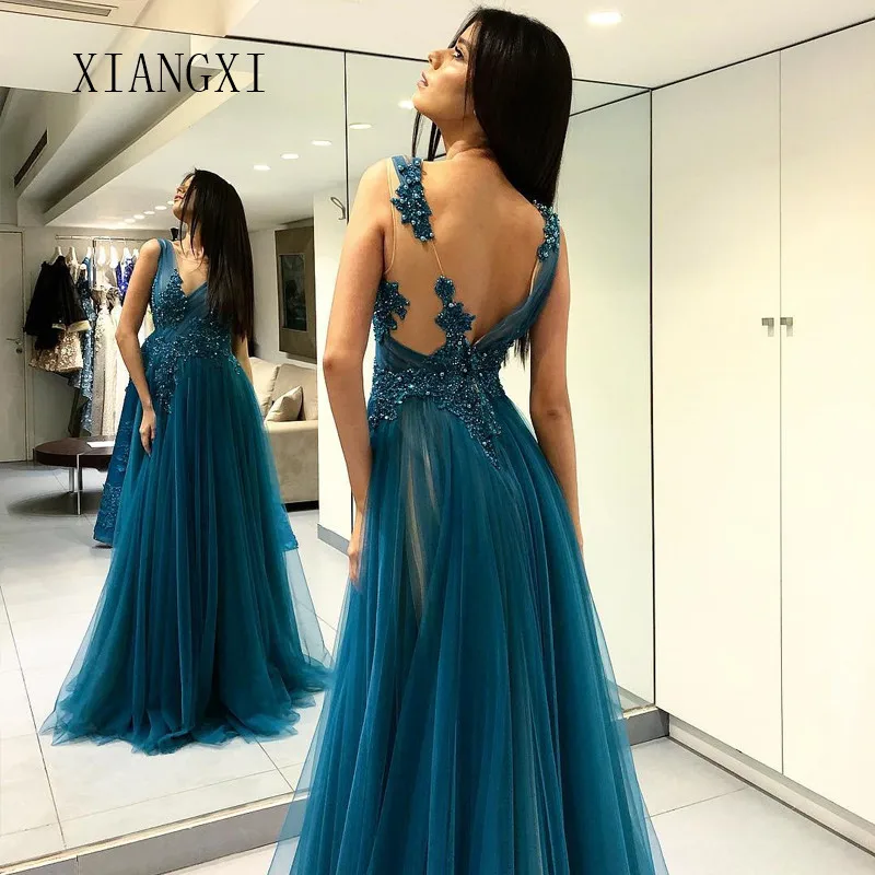 

Vestido De Festa Dark Green Evening Dresses Long A-Line V-Neck Backless Floor Length Evening Dress Prom Gowns robe de soiree