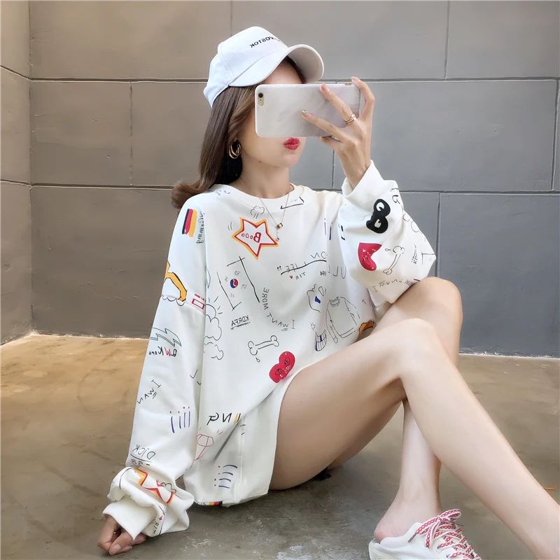 Hoodies Women Korean Harajuku coat Kawaii image Loose Jumper Pullover Top White grey Round neck long sleeve Sweatshirt Hot Sale