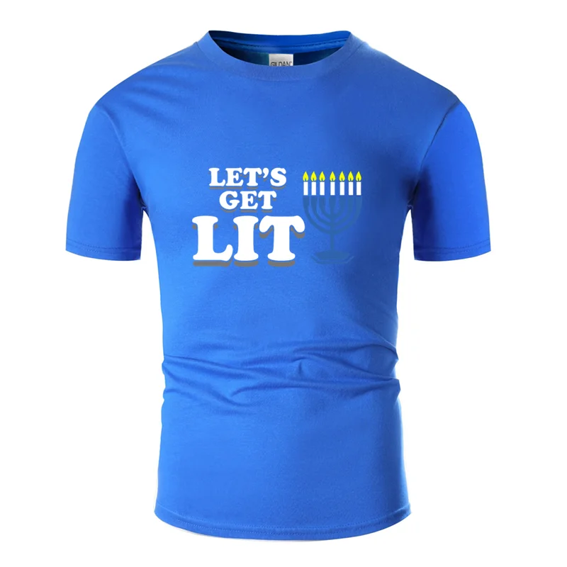 Men-Blue Новинка, дышащая, забавная, hanukkah get lit, Еврейская одежда, футболка для мужчин, лето, Мужская футболка с круглым вырезом, хлопок, Топ в стиле хип-хоп - Цвет: Men-Blue