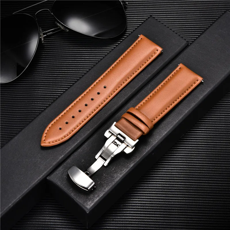 Premium Leather Watchband with Stainless Steel Butterfly Buckle