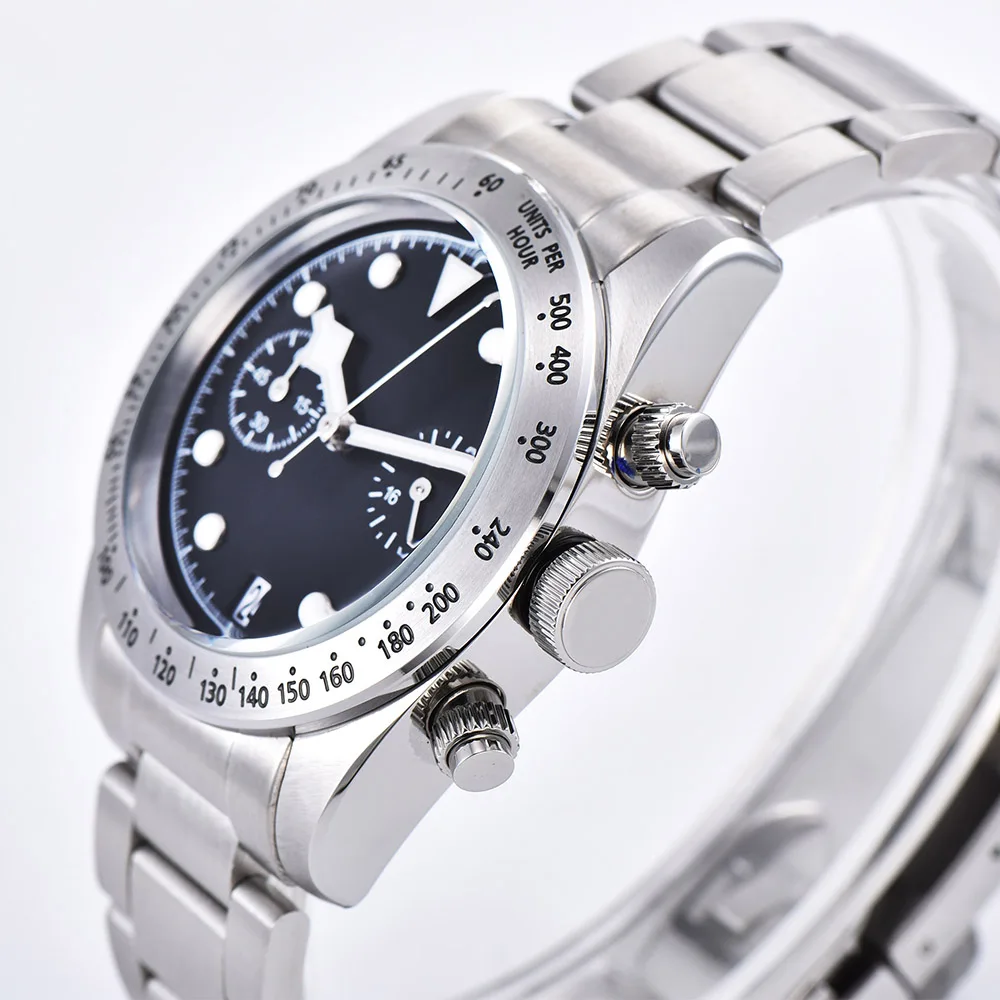 Schwarz Bay VK64 кварцевые часы хронограф с черным циферблатом 39 мм минеральное стекло алюминиевая рамка светящийся указатель стальной браслет 01