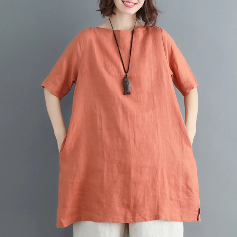 Летние белые повседневные топы больших размеров L-XXL, женские фиолетовые хлопковые свободные футболки, модные льняные топы с круглым вырезом, женские футболки