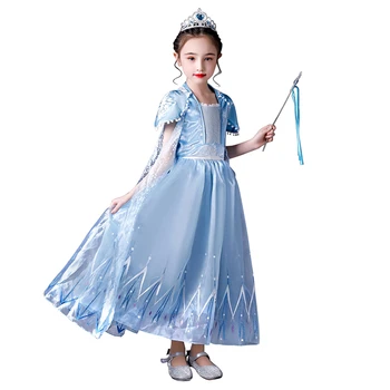 

Little Girl Elsa Princess Dress Kids Christmas Party Role Playing Frocks Blue Floral Mesh Prom Dress for Child