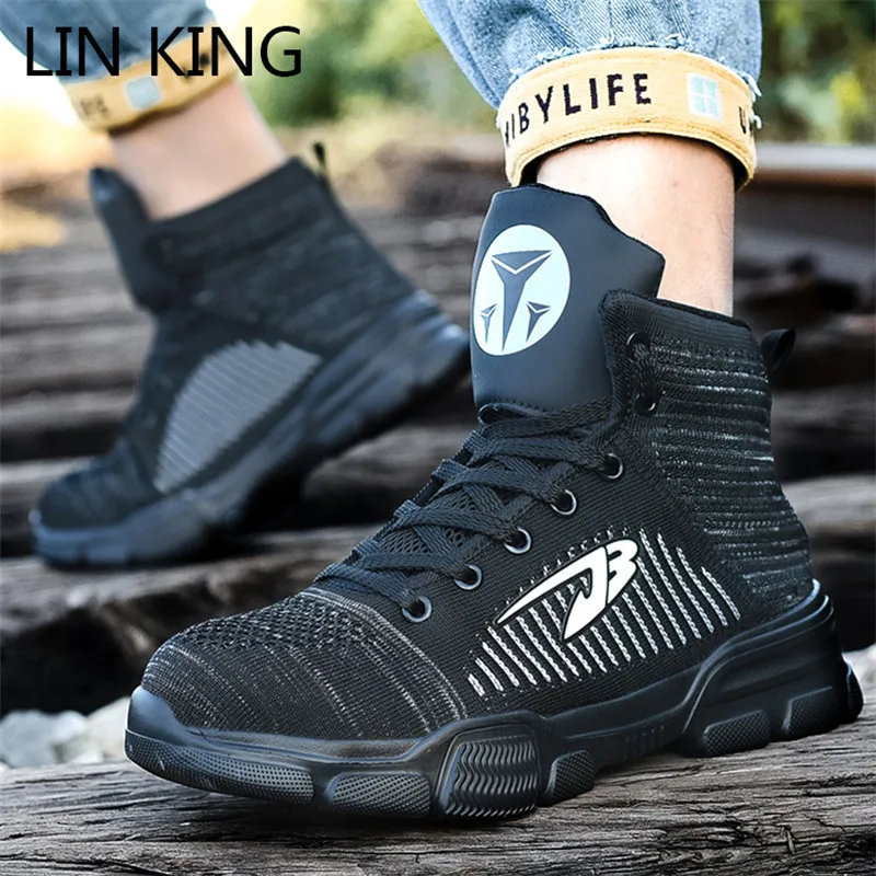 

LIN KING Men's Outdoor Boots Steel Toe Protective Anti Smashing Safety Work Shoes Men Puncture Proof High Top Sneakers Big Size