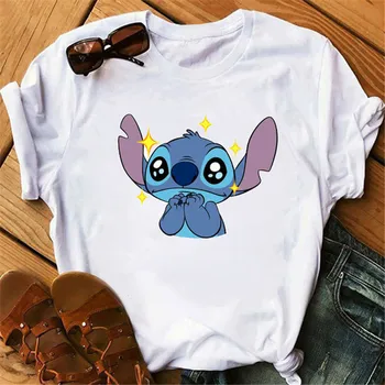 

Casual Cute Cartoon Tee Shirt Femme Tops White Short Sleeved T Shirt Women Lovely Lilo Stitch Print Harajuku Plus Size Tees