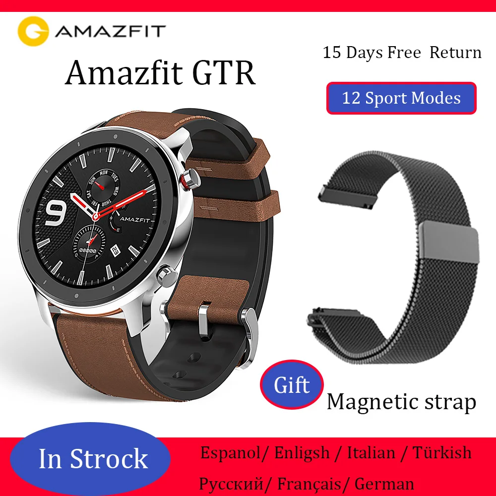Глобальная версия Amazfit GTR 47 мм gps Смарт-часы 5ATM водонепроницаемые спортивные часы напоминание о звонках - Цвет: Stainless Steel