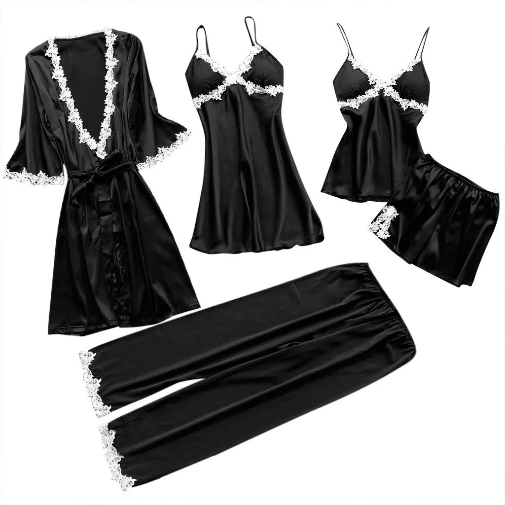 Одежда для сна 5 шт. пижамный комплект женские лето осень зима привлекательные пижамные комплекты костюмы для сна мягкий милый Ночной костюм домашний подарок - Цвет: Black