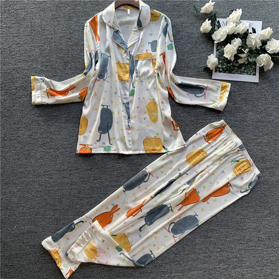 

QWEEK Silk Pyjamas Ladies Sleepwear Nightwear Satin Sleep Lounge Plus Size Pijamas Women Pajamas Set Long Sleeve Home Clothes
